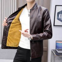 Men's Jacket with Added Velvet and Thickened Leather, Youth Stand Up Collar Casual PU Leather Coat Windproof with Fur