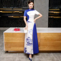 New Arrival 2019 Summer Ao Dai Vietnam Traditional Dress Slit Cheongsam Elegant Chinese Dresses Qipao Aodai Vietnam Dress TA1734