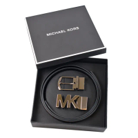 【Michael Kors】男款 銀字MK緹花LOGO防刮雙面用皮帶禮盒-咖啡色