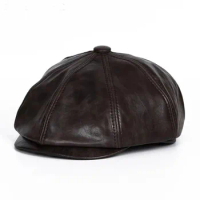 Brown Retro Beret Hats For Men American/British Autumn/Winter Genuine Leather Cowhide Octagonal Caps Painter Bonia