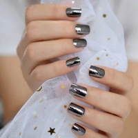 Dark Smoky Gray Reflective Mirror Metal Plating False French Acrylic Nail Tips Punk Metallic Square Fake Nails With Glue Sticker