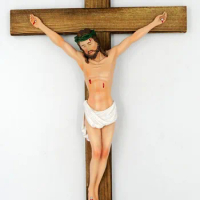 16.5 Inch Wall Crucifix Hand Painted body of Christ on Carbonized Wood Cross Resin Jesus Christ on INRI Cross Home Chapel Decor