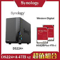 Synology DS224+ 2Bay NAS 網路儲存伺服器＋WD 紅標 4TB 3.5吋NAS硬碟-兩入組