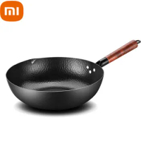 Xiaomi Handmade Iron Pot 32CM Frying Pan Uncoated Health Wok Non-Stick Pan Gas Stove Induction Cooker Wood Cover Iron Wok