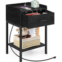 Nightstand with Charging Station 2-Tier, Side Tables Bedroom with Drawer Small, Black, Bedside Table with USB Ports and Outlets