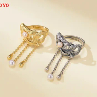 s925 silver ancient gold-plated carp tassel ring female pearl ring