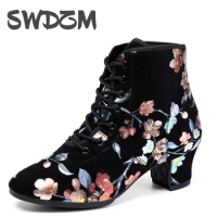 SWDZM Women Dance shoes Jazz Middle Heels Dance Shoes Closed Toe For Women Printing Boots Dancing Jazz Ballroom Outdoor Shoes