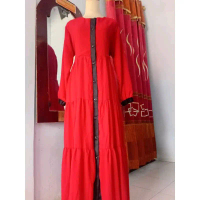Gamis Susun Merah Kombinasi Hitam Muslim Wanita Dress Ceruty Dewasa Syari dan ceruty babydoll premiu