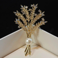 Spike of Wheat Brooches Plant Tree Pearl Coat Rhinestone Pin Brooches for Woman Wedding Party