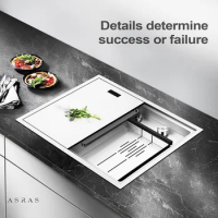 ASRAS 6047Y Handmade Hidden Kitchen Sink SUS304 Stainless Steel Invisible Sink With Cover And Intelligent Lift Faucet