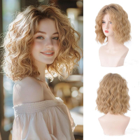 Short Ombre Ash Blonde Wavy Wigs for Women 14 Inch Shoulder Length Curly Wavy Bob Wig Synthetic Natu