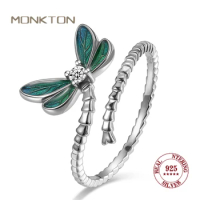 Monkton 925 Sterling Silver Dragonfly Opening Ring Insect Adjustable Ring Pave Setting CZ for Women Fashion Fine Jewelry