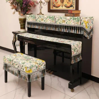 Animal Plant Patterned Piano Dust Cover Bead Pendant Tassels Edge Piano Dustproof Towel Cotton Linen Piano Key Stool Cover Cloth