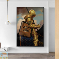 現代簡約輕奢黃金騎士復古盔甲掛畫巨幅落地版畫客廳臥室裝飾畫