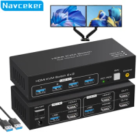 Navceker HDMI-compatible KVM Switch 8K 60Hz 2 Port Dual 2 Monitors 2 Computers 4K 120Hz USB 3.0 KVM Switch KVM Switcher HDMI 2.1