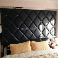 High Quality Black Color 3D Glue On PU Leather Wall Panel Diamonds Wall Sticker For Bedroom Art Wall