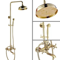 Gold Color Brass Shower Faucet Set 8 Inch Shower Head Hand Shower Sprayer W/ Hand Shower Wall Mounted Mixer Tap zgf381