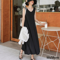 【MsMore】莫代爾無袖大擺裙寬鬆背心V領長版連身裙洋裝#121014(黑/灰)