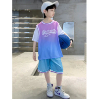 【UniKids】中大童裝2件套籃球服漸變色短袖T恤運動五分褲 男大童裝 VP2423139(紫 灰)