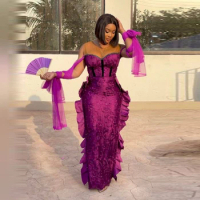 Grape Place Plus Size Evening Gowns Black Girls Ruffles Sheath Sheer Neck Evening Gowns Aso Ebi Women Wedding Party Dress