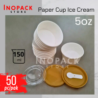 50pc- Paper cup 5oz gelas kertas 150ml 2 scop ice cream tutup bening mika injection+sendok es krim