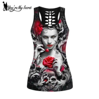 [You're My Secret] Gothic Tank Top Women Sexy Banshee Mask Rose Print Vest Skull Hollow Out Tops Punk Sleeveless Top