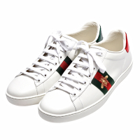 GUCCI Ace embroidered系列蜜蜂圖案牛皮綠紅綠織帶休閒鞋(白色)