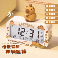 【準時水豚】卡皮巴拉夜光鬧鐘(溫度計 時鐘 鬧鈴 電子鐘 貪睡鐘 兒童 數字鐘 禮物 小夜燈)