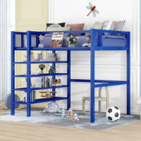 Creative Blue Twin Size Metal Loft Bed,Modern Bed with 4-Tier Shelves and Storage,High Quality,for Youth,Children Bedroom