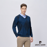 Pierre Cardin皮爾卡登 男款 人造棉混紡菱形格假兩件襯衫領刷毛長袖POLO衫-丈青色 (5215291-38)