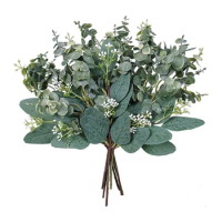 Mixed Eucalyptus Leaves Stems Bulk Artificial Eucalyptus Leaves Sprays Faux Oval Eucalyptus Leaves with White Seeds