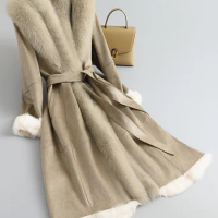 Leather and fur integrated coat for women, medium length, knee length, slim fit, Haining fur coat, fur collar, 2023