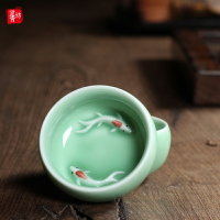 小魚功夫茶杯單杯龍泉青瓷雙魚杯茶碗品茗陶瓷彩鯉杯個人杯主人杯1入