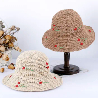 2023 cherry Women's summer hat beach Women's hat Beach outing uv protection solar hat sunshade hat Straw hat sun visor Hat girl
