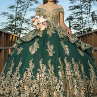 Green Quinceanera Dresses 2024 Gold Lace Appliques Mexican Ball Gown Prom Party Dress Vestidos Butantes 15 anos