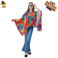 Adult Women Hippie Costume 60s 70s Hippie Disco Cloak Halloween Cosplay Party Fancy Retro Outfit
