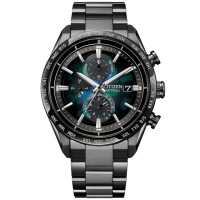 【CITIZEN 星辰】100週年限量宇宙幻彩光動能全球電波萬年曆世界時區腕錶 黑藍綠 42mm(AT8286-65E)