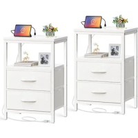 Nightstands Set of 2, End Tables with Charging Station, Side Tables with Fabric Drawers, Bedside Tables with USB Ports,White
