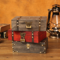 復古風木質雜物整理箱桌面證件信件帶鎖口紅收納盒小木箱子儲物盒