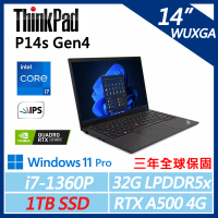 【ThinkPad】P14s Gen4 14吋商務繪圖 (i7-1360P/32G/1TB/A500 4G/W11P)