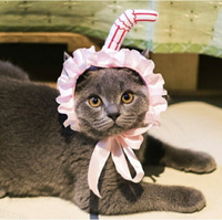 吸貓創意寵物衣服貓頭套蕾絲圍裙寵物頭飾貓咪髮箍寵物帽子-粉/黃【AAA4530】