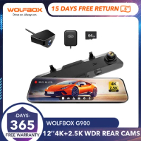 WOLFBOX G900 Rearview Dash Cam 4K 12" Ips Screen WDR 170 FOV 2.5k Rear Cam Gps Mirror Car Recorder Stream Media Car DVR