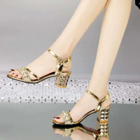 Women'S High Heel Sandals Summer New Women'S Chunky Heel High Heels With Buckle Rhinestone High Fash