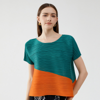 6097 One Size (45-75kg) Summer Pleated Round Neck Short Sleeve Loose Contrast Color Casual T-Shirt T