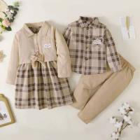1-6Y Baby Boy Girl Brother Sister Matching Outfits Plaid Floral Sleeveless Dress And Small Jacket+Boys Plaid Shirt Top Pants Set
