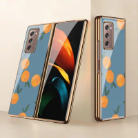 Z Fold 3 Funda Case for Samsung Galaxy Z Fold 3 Z Flip 3 Orange Pattern Plating Tempered Glass Coque Phone Case Cover Z Fold 2