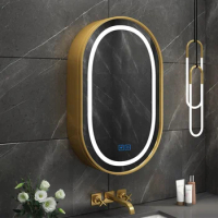 Smart Oval Bathroom Mirror Wall Mounted Makeup Cabinet Storage Mirror Intelligent LED Light Mist Removal Dressing Mirror Bathrom