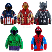Kids Boys Spiderman Hulk Thor Iron Man Hoodies Cosplay Costume Fashion Cartoon Print Zipper Hooded Coat Jacket Children Clothes