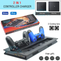 PS4 PRO SLIM Vertical Stand Dual Controller Charger LED Charging Dock Station Cooling Fan PS 4 Accessories for Sony Playstation4