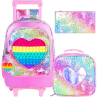 Rolling Backpack for Girls and Boys,Kids Unicorn Dinosaur Bookbag with Roller Wheels, Suitcase School Bag Set